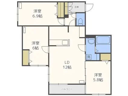 MANYS COURT琴似河畔公園(3LDK/3階)の間取り写真