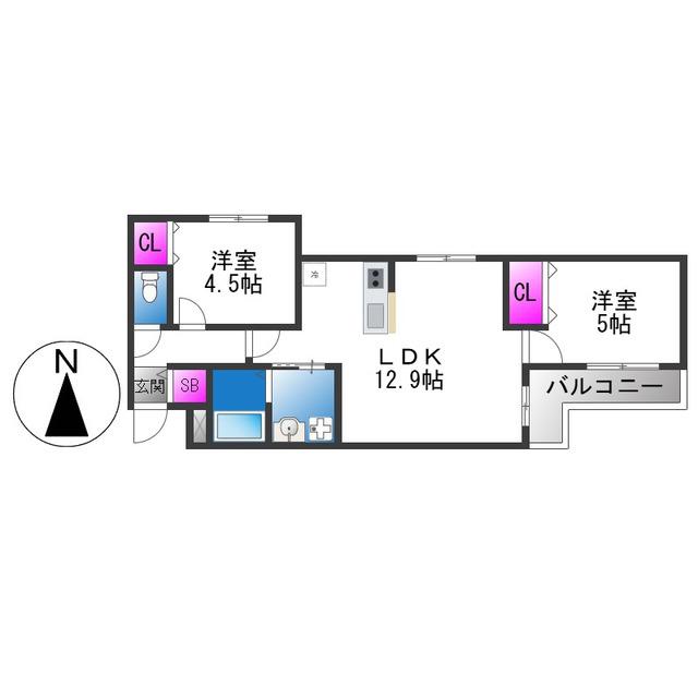 プレサンスクレージュ喜里川町 サウス(2LDK/3階)の間取り写真