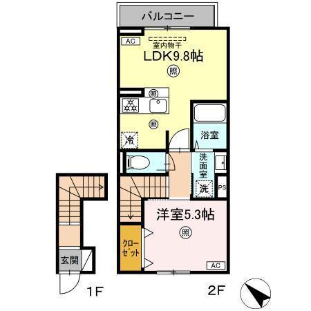 ディアライズ旭通A棟(1LDK/2階)の間取り写真