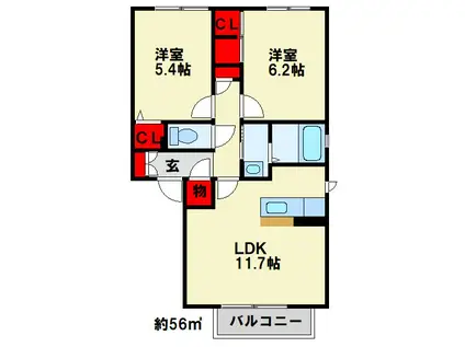 パルテールヴィラII(2LDK/1階)の間取り写真