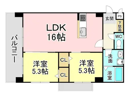フォワイエ徳光(2LDK/2階)の間取り写真