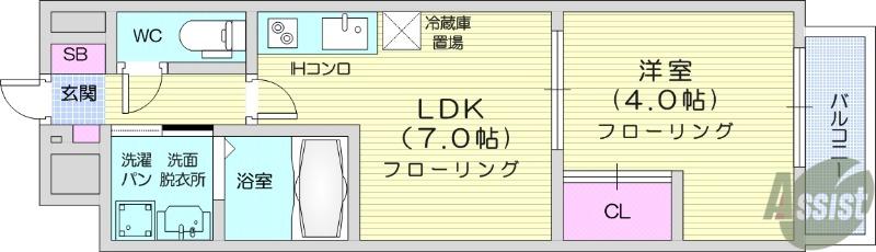 シェルグランデ六丁目(1LDK/11階)の間取り写真