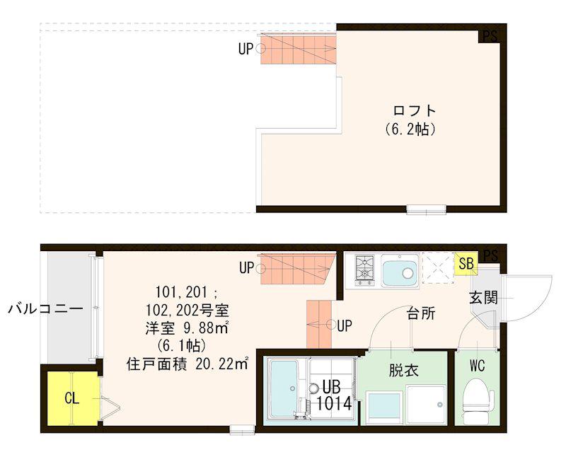 GREENWOOD吉塚(1K/2階)の間取り写真