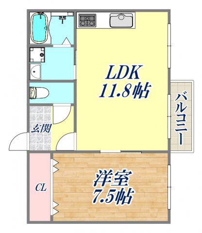 甲子園フラット(1LDK/3階)の間取り写真