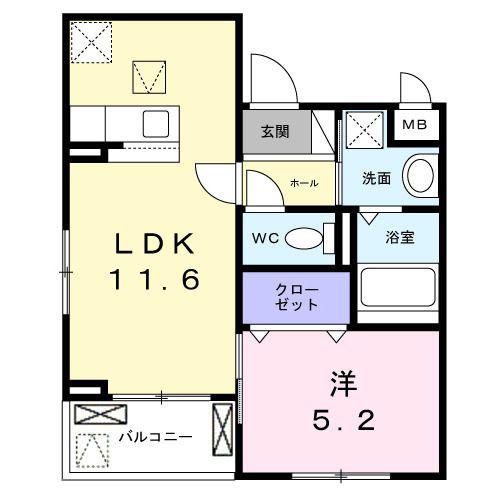 ソレイユ八条春日(1LDK/1階)の間取り写真