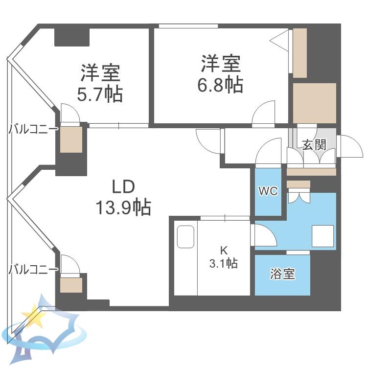宮ヶ丘レジデンス神宮前(2LDK/3階)の間取り写真