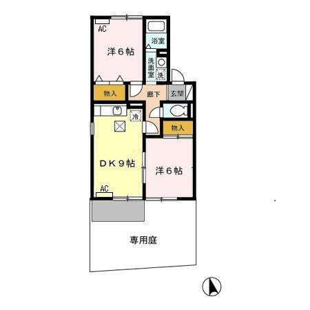 カーサ二の岡B(2DK/1階)の間取り写真