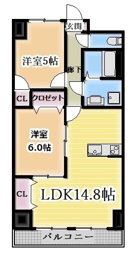 ランバー原田(2LDK/6階)の間取り写真