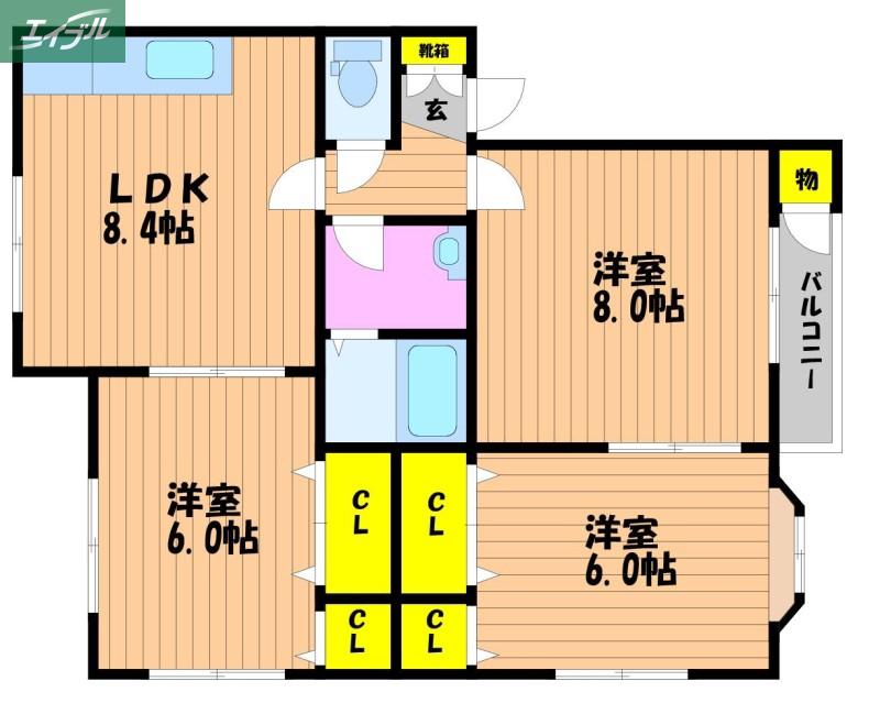 ラシェールB棟(3LDK/1階)の間取り写真