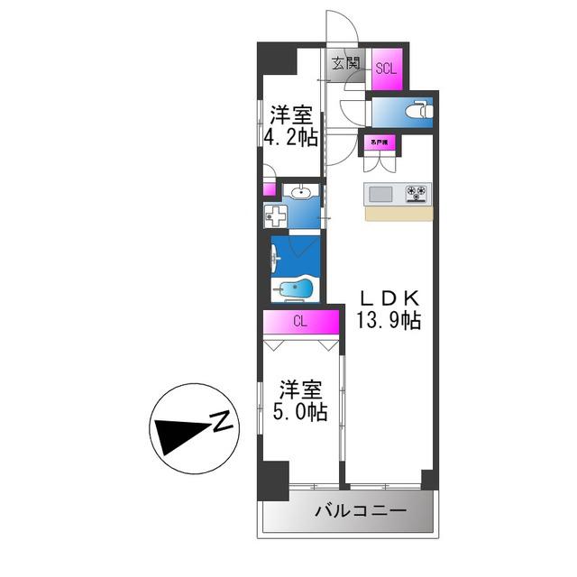 スプランディッド上本町ウエストII(2LDK/11階)の間取り写真