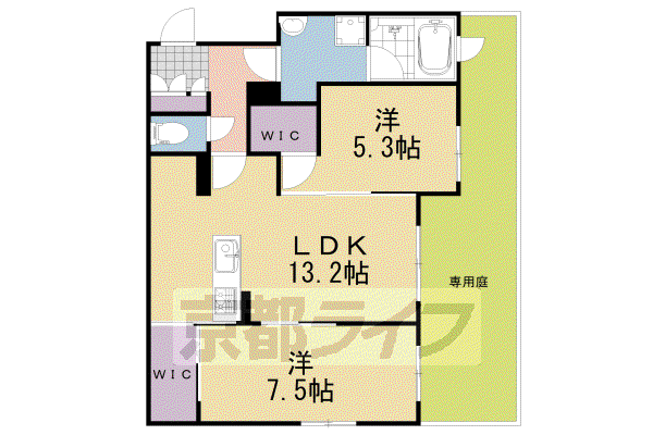 LA JOLLA城陽(2LDK/1階)の間取り写真