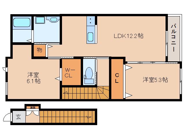 アリエッタヴィラ東生駒(2LDK/2階)の間取り写真