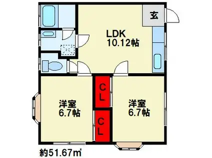ベルピュールII(2LDK/1階)の間取り写真