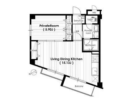 フラット・花(1LDK/4階)の間取り写真