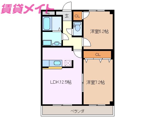 ルシェンテ下之宮(2LDK/2階)の間取り写真
