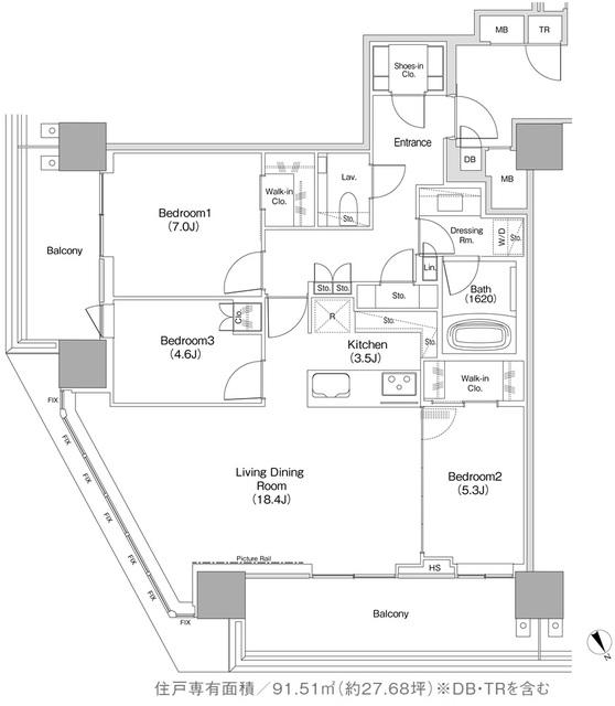 JIYUGAOKA MUSE SQUARE THE RESIDENCE(3LDK/12階)の間取り写真