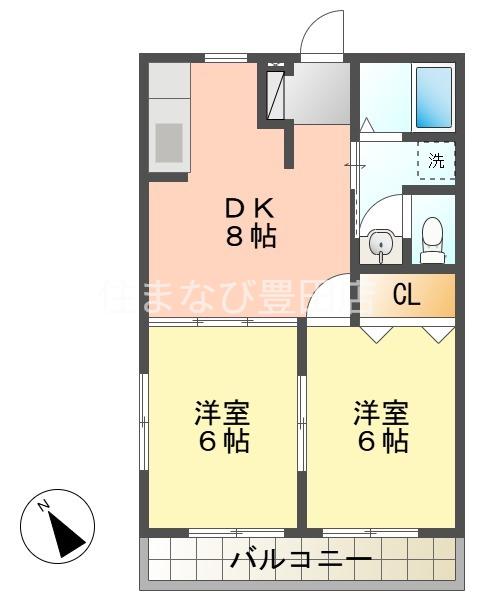 ライオンズ左右木(2DK/2階)の間取り写真
