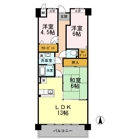 プラザハイツ二ツ屋B棟(3LDK/1階)の間取り写真