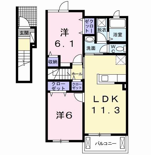 ラ・ロゼヴェールA(2LDK/2階)の間取り写真