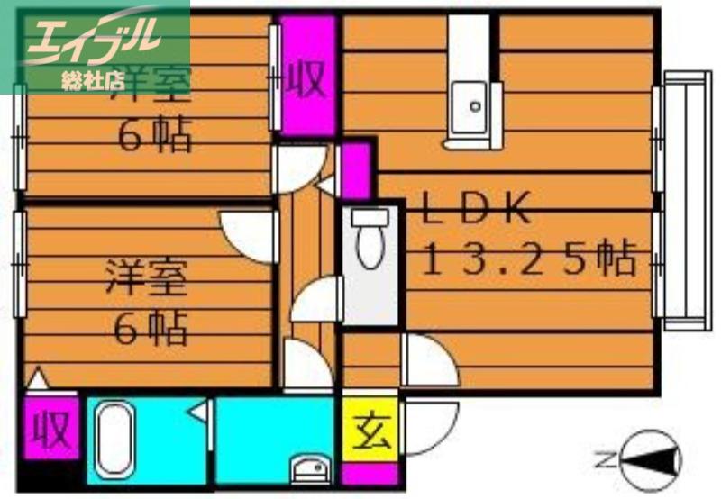 サンビレッジチェリオD棟(2LDK/2階)の間取り写真