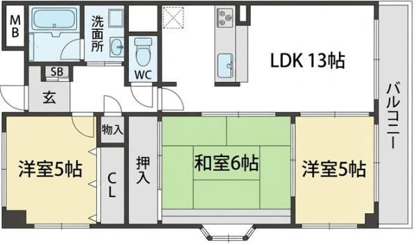 シューベリア平野(3LDK/1階)の間取り写真