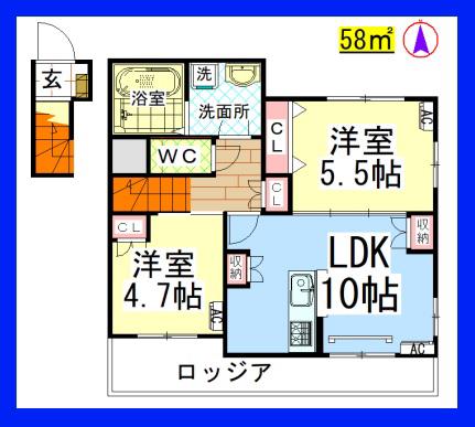 AF ペット共生・ルミナーレ座間(2LDK/2階)の間取り写真