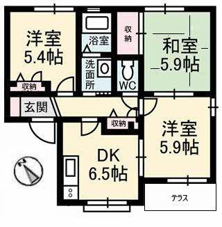 オリーブテラスB棟(3DK/1階)の間取り写真