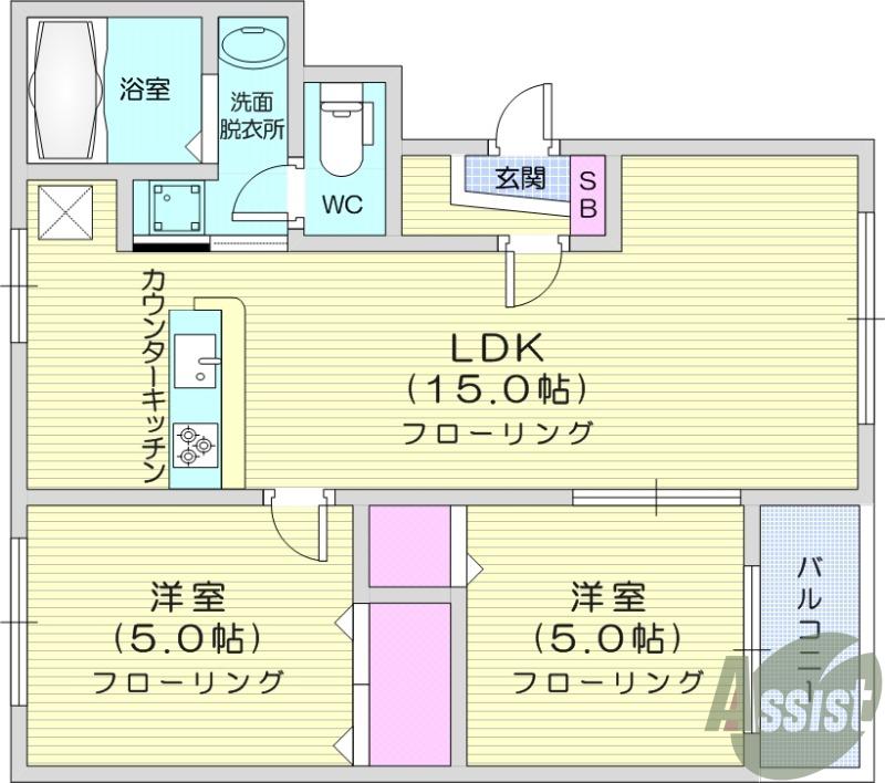 ボヌールヴィル国見B(2LDK/2階)の間取り写真