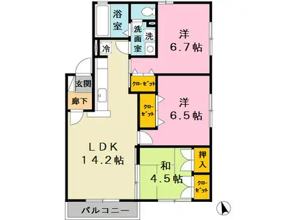 ガーデンコート車C棟(3LDK/2階)の間取り写真