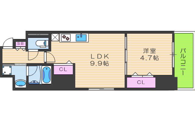 地下鉄四つ橋線 肥後橋駅 徒歩9分 10階建 築7年(1LDK/7階)の間取り写真