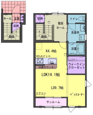 フォンターナW(1SK/2階)の間取り写真