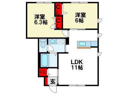 アンソレイユ二日市東(2LDK/1階)の間取り写真