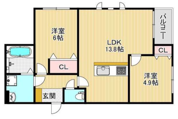 リアノーラ平野ウエスト(2LDK/2階)の間取り写真
