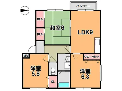 ディアコートモリオカI(3LDK/2階)の間取り写真