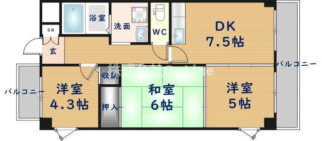 ブランシェ高安(3DK/5階)の間取り写真