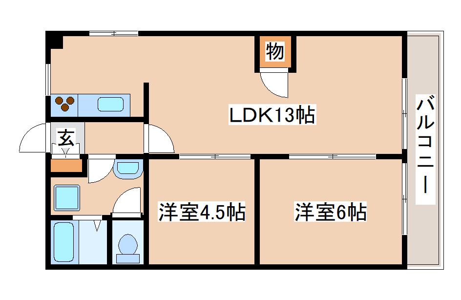 グレイスハイツ長楽(2LDK/1階)の間取り写真