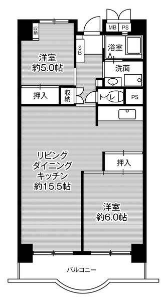 ビレッジハウス浜松タワー1号棟(2LDK/7階)の間取り写真