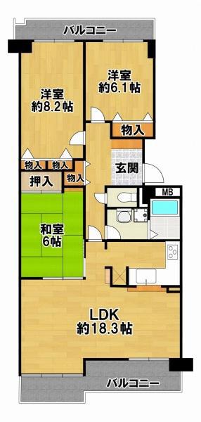 セントラルヒルズK棟(3LDK/8階)の間取り写真