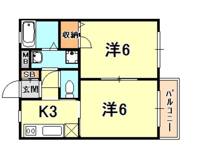 中山手ガーデンパレス D棟(2K/1階)の間取り写真
