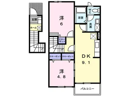 ヴィラ・ユニゾンC(2DK/2階)の間取り写真