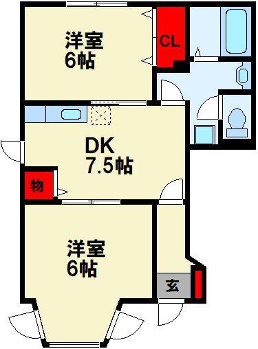 ハ-モニ-タウンE(2DK/1階)の間取り写真