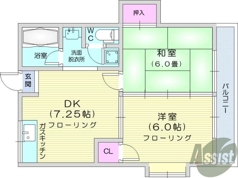 クレッセント大坪(2DK/2階)の間取り写真