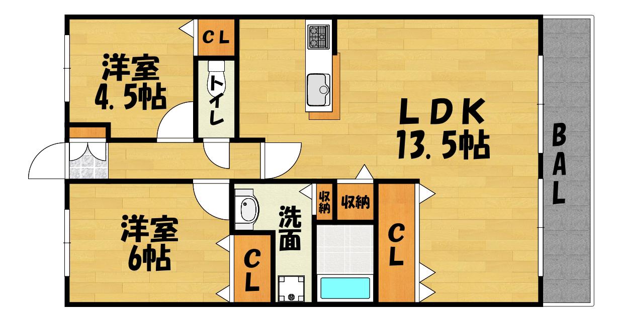 コスモシティ平野出戸駅前(2LDK/2階)の間取り写真