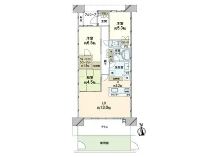 ピアノ可 和室有 専用庭付 3LDK(3LDK/1階)の間取り写真