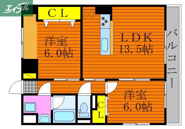 グランスクエア岡山駅西(2LDK/7階)の間取り写真