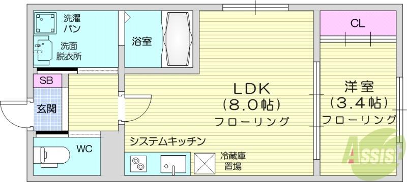 BAU北仙台(1LDK/3階)の間取り写真