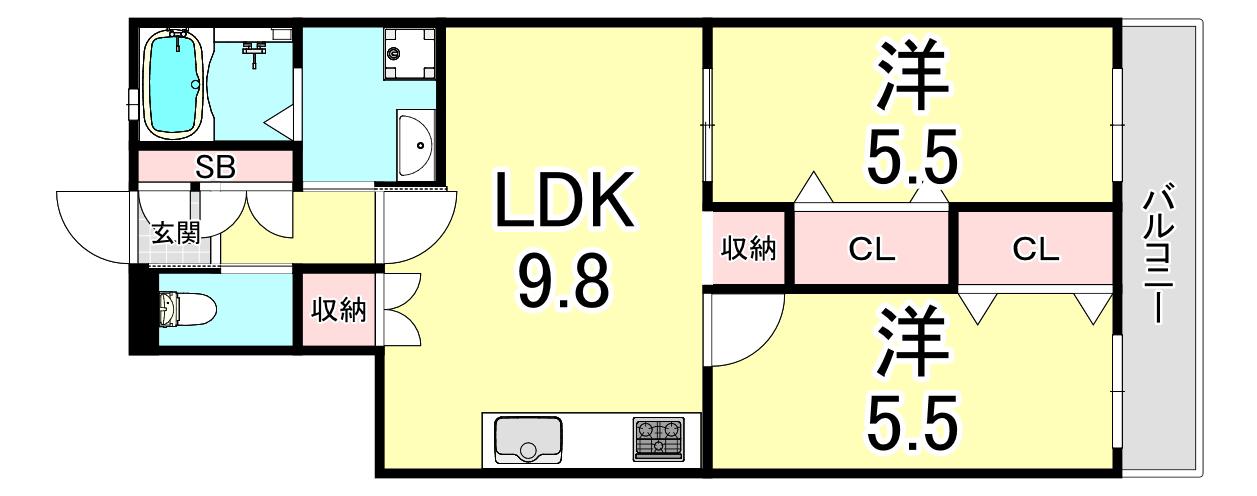 RISOMIRAIE ジェームス山イースト(2LDK/2階)の間取り写真
