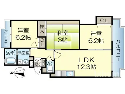 シャロームD(3LDK/3階)の間取り写真
