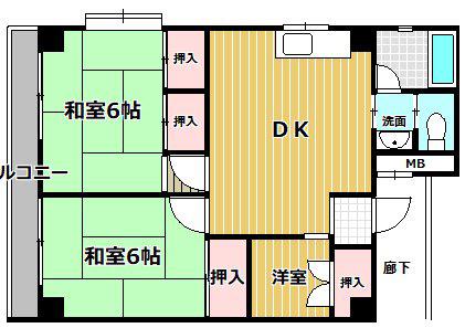 鳴尾ハイツ(2SDK/3階)の間取り写真