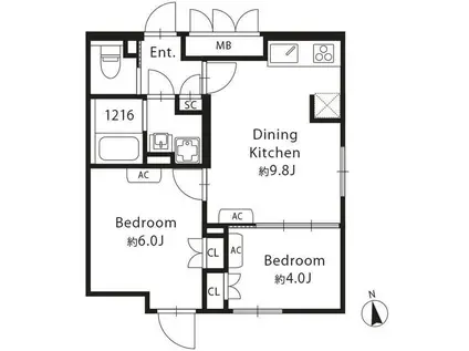 グランパセオ目黒西小山(2DK/2階)の間取り写真